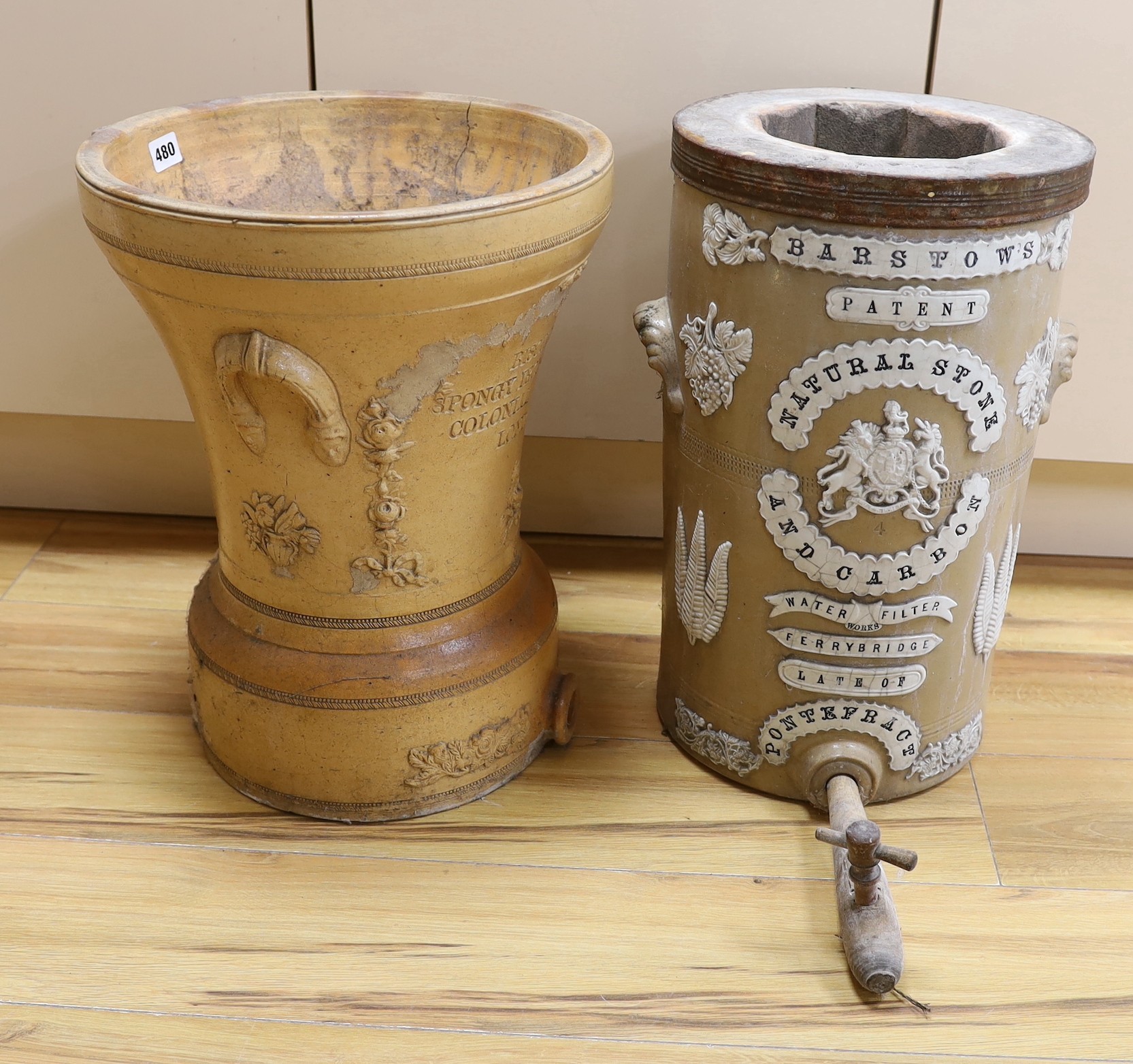 Barstow's of Ferrybridge patent natural stone and carbon water filter, together with a further filter, 47cms high